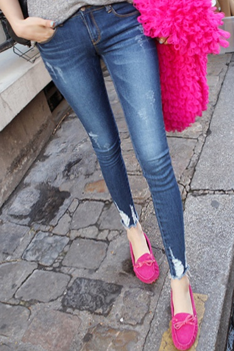 Kaka 2013 spring all-match distrressed skinny jeans female trousers wearing white pencil pants female Free Shipping