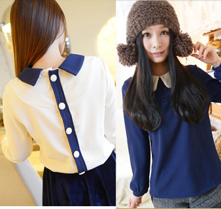 Kaka 2013 spring color block decoration peter pan collar behind the big round buckle thickening chiffon basic shirt female