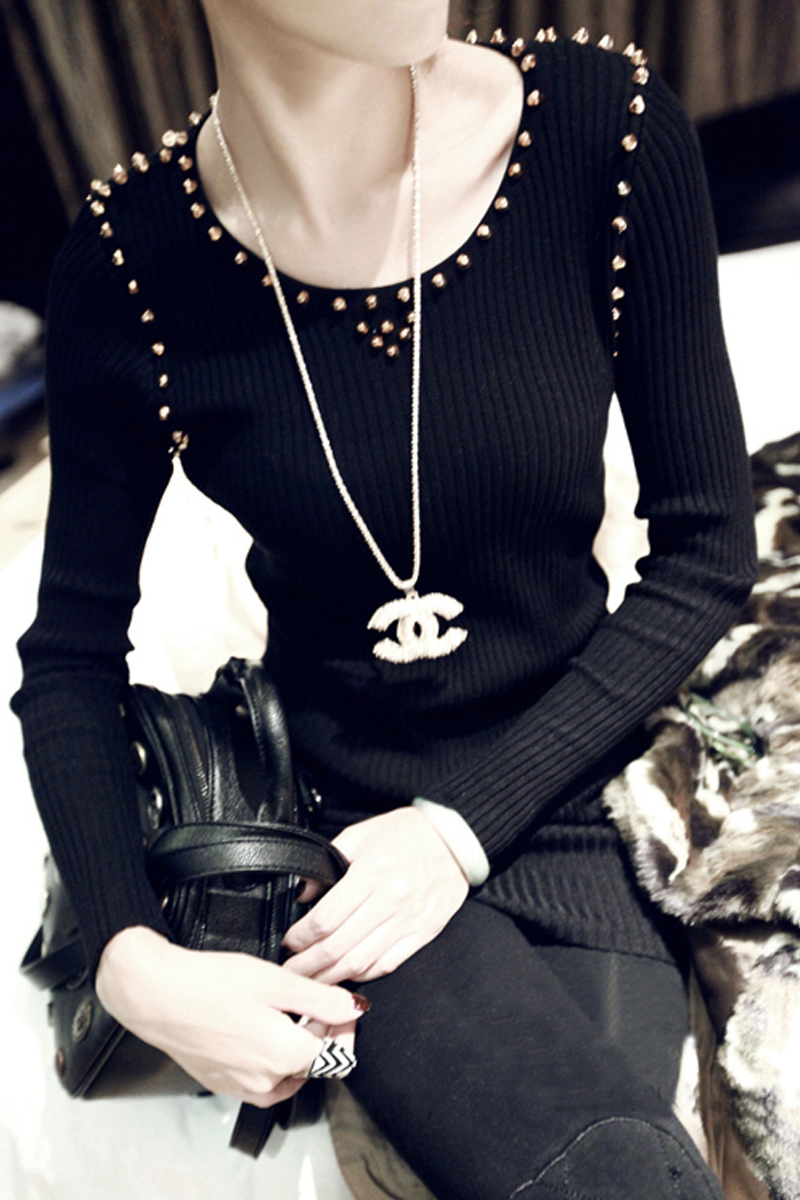 Kaka 2013 spring fashion rivet slim basic sweater female long-sleeve Free Shipping