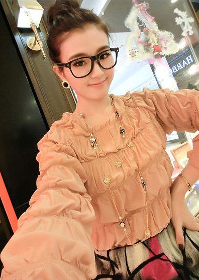 Kaka 2013 spring preppy style pleated lantern sleeve loose chiffon shirt women long-sleeve shirt Free Shipping