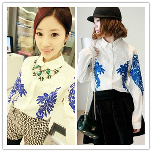 Kaka 2013 spring shirt vintage blue and white porcelain embroidery shirt female long-sleeve Free Shipping