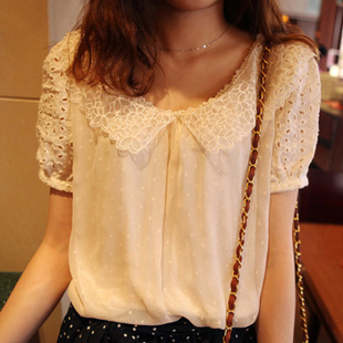 Kaka 2013 summer embroidered cutout sleeve turn-down collar lace Women beige chiffon shirt female shirt Free Shipping