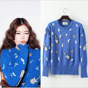 Kaki book 2012 autumn and winter vivi guitar embroidery musical note rhinestone rabbit hair sweater