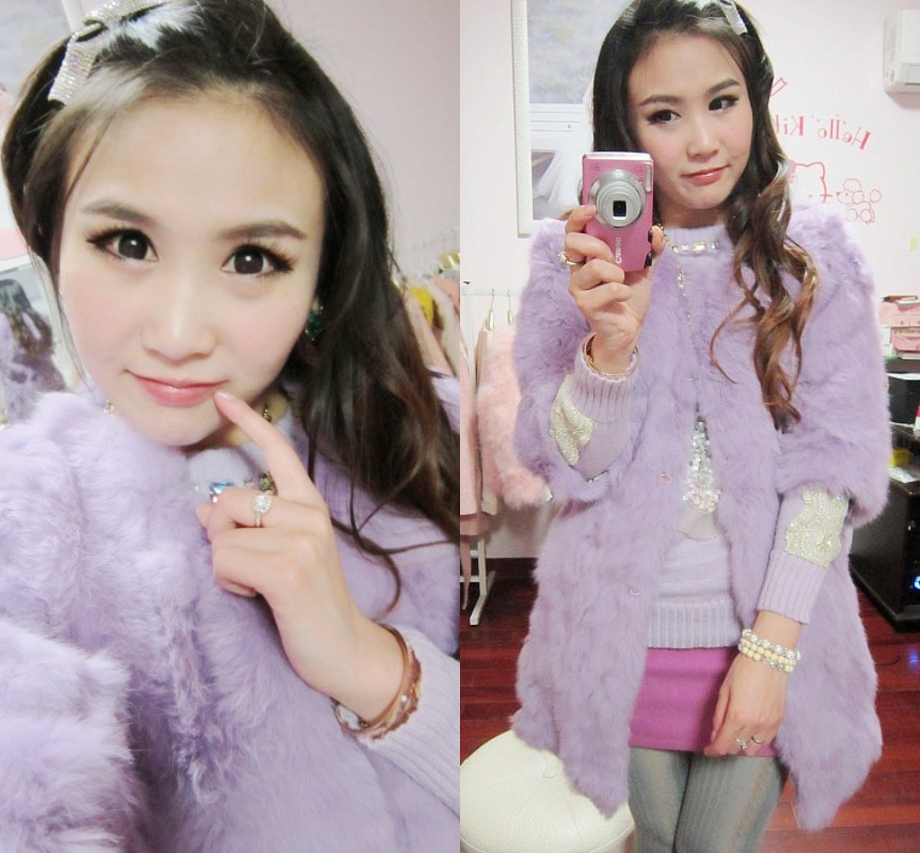 Kaki lavender purple rabbit fur coat buyers show