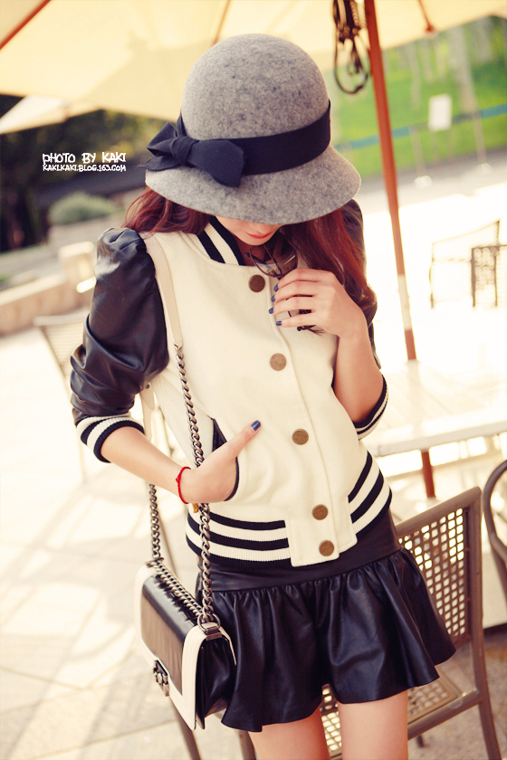 Kaki perfect color block decoration baseball sheepskin short jacket leather jacket