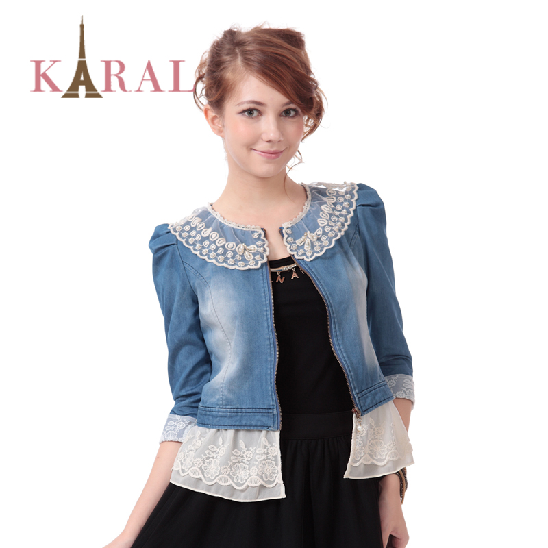 Karal2012 autumn women's slim lace patchwork o-neck denim half sleeve outerwear female