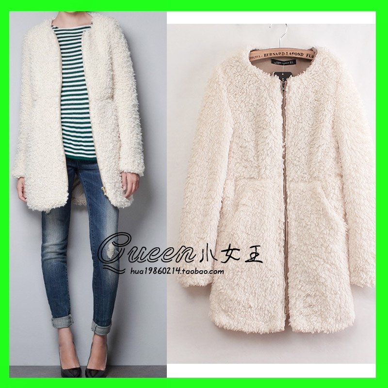 KC002 Retail 2012 Beige Zipper Lamb Plush Paragraph Winter Faux Fur Coat For Ladies/Women Outwear/Jacket