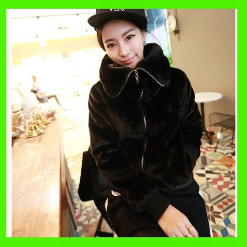 KC043 Wholesale 3pcs/Lot  Free Shipping Faux Fur Coat For Women In Winter Black/White Lamb Plush Lapel/Zipper  Jacket