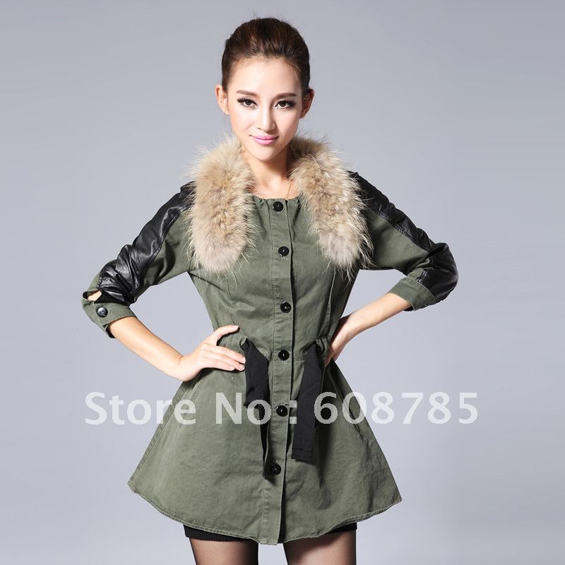 Khaki/Army green Spring Autumn Women Fashion Raccoon Fur Windbreaker PU Patchwork Coat Jacket  Ladies' outerwearFreshippingB0559