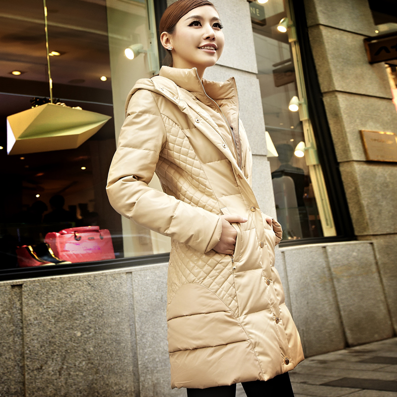 Khaki outerwear female leather clothing female long design slim PU down coat