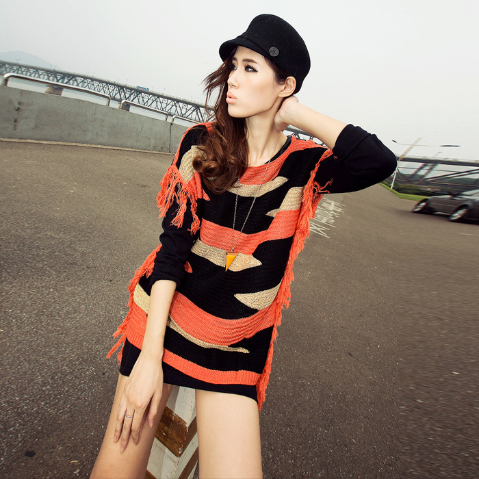 Kikot 2012 autumn classic vintage wool sweater slit neckline gold stripe tassel autumn female