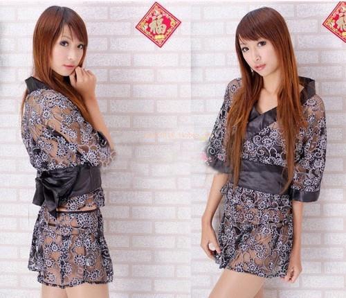 Kimono black flower lace kimono bathrobe lounge underwear