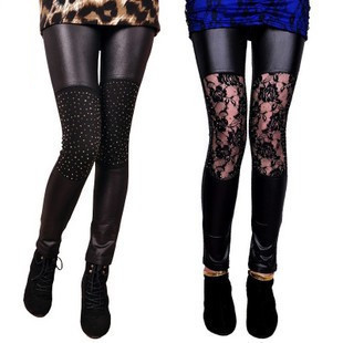 Knee 2012 thin lace rhinestone faux leather oversized elastic legging black female 007