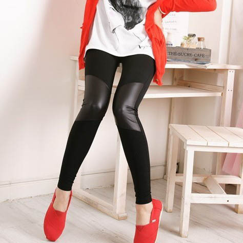 Knee irregular faux leather patchwork cotton legging