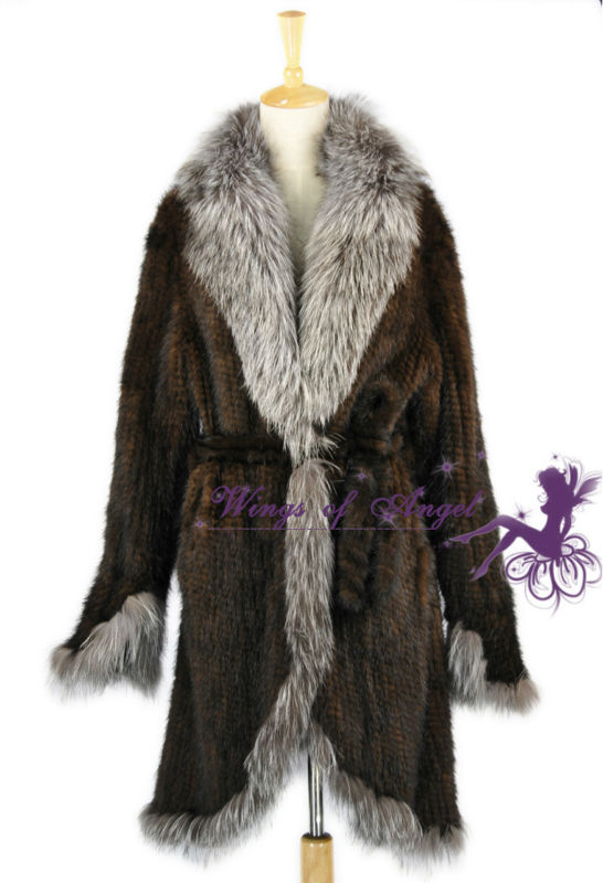 Knit women knit knitted hand made coat Jacket fox fur collar  overcoat garment clothes plus size