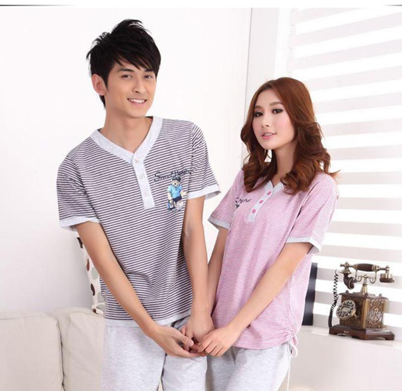 Knitted 100% cotton short sleeve length pants cartoon stripe casual lovers sleep set lounge