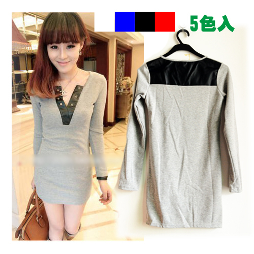 Knitted cotton faux leather patchwork V-neck medium-long solid color basic t-shirt one-piece dress