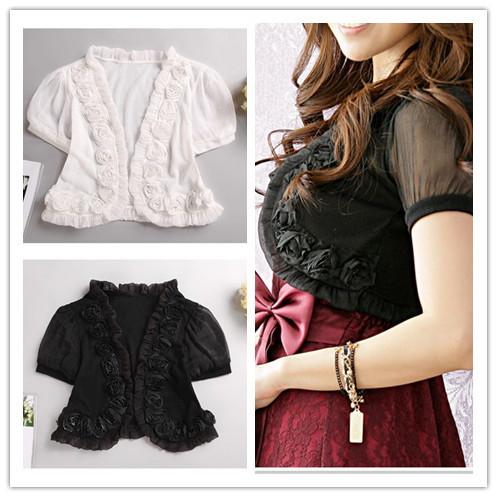 knitted patchwork chiffon package sleeve three-dimensional flower ruffle hem short jacket small cape waistcoat cardigan