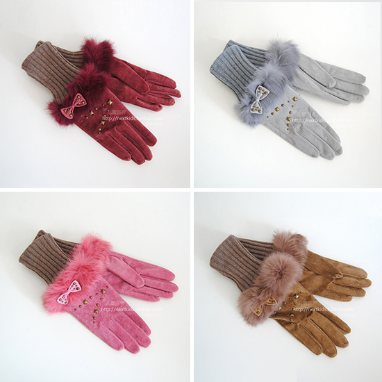 Knitted yarn finger gloves female winter thermal ultra long rabbit fur gloves genuine leather patchwork knitted gloves