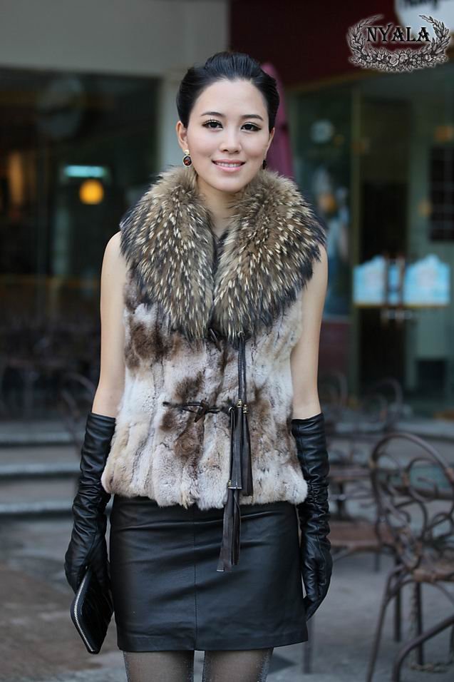 KomooVogue 2012 New Style Women's Rex Rabbit Fur Vest/Jacket with Genuine Fur Collar Trim