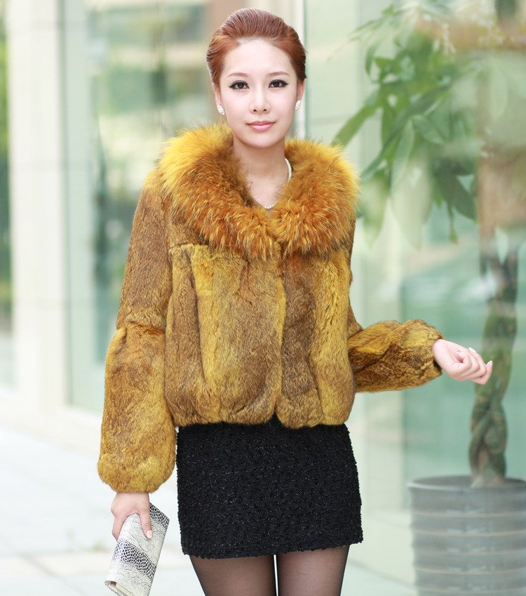 KomooVogue Women's Fur Collar Jacket with Rabbit Fur Garment Coat