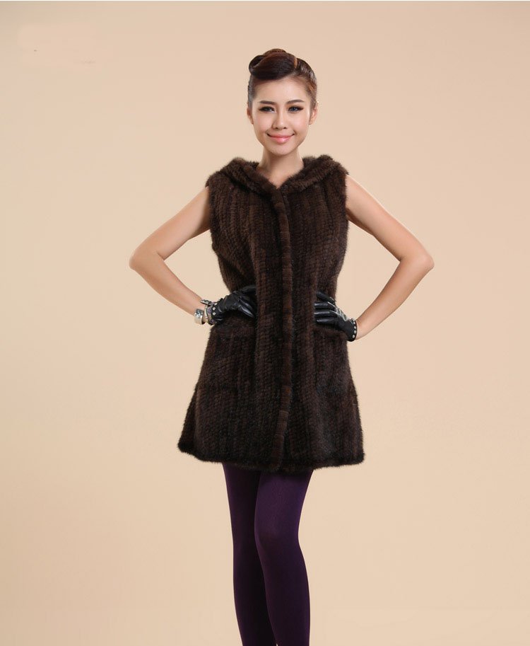 KomooVogue Women's Knit Mink Fur Vest/Jacket with Hooded Trim