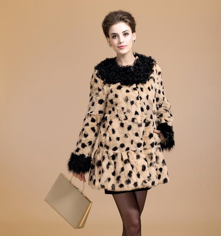 KomooVogue  Women's Leopard Rabbit Fur Jacket/Coat with Wool/Lamp Fur Trim