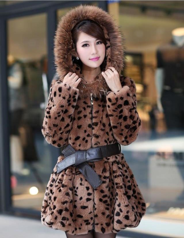 KomooVogue Women's Leopard Rex Rabbit Fur Jacket/Coat with Fur Hooded Trim