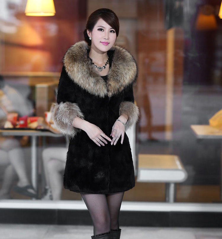 KomooVogue Women's Rabbit Fur Jacket/Coat with Fur Collar Trim