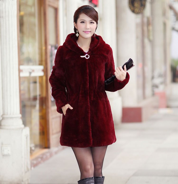 KomooVogue Women's Rex Rabbit Fur Coat/Jacket with Hooded Trim