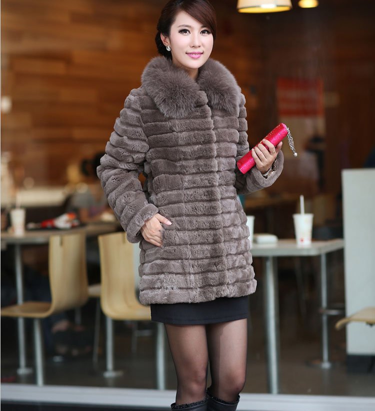 KomooVogue Women's Rex Rabbit Fur Jacket/Coat with Fox Fur Collar Trim