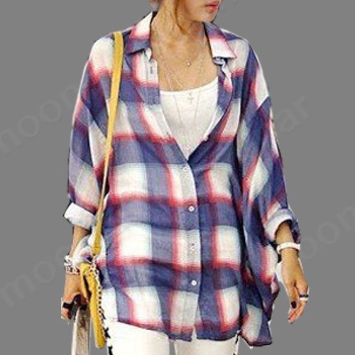 Korea Check Pattern Batwing Sleeve Loose Women T shirts Top Casual Blouse E0790