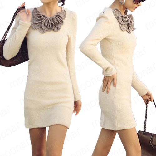 Korea Elegant Lady Flower Round Neck Sexy Bag Hip Mini Dress Long Sleeve Career E0896