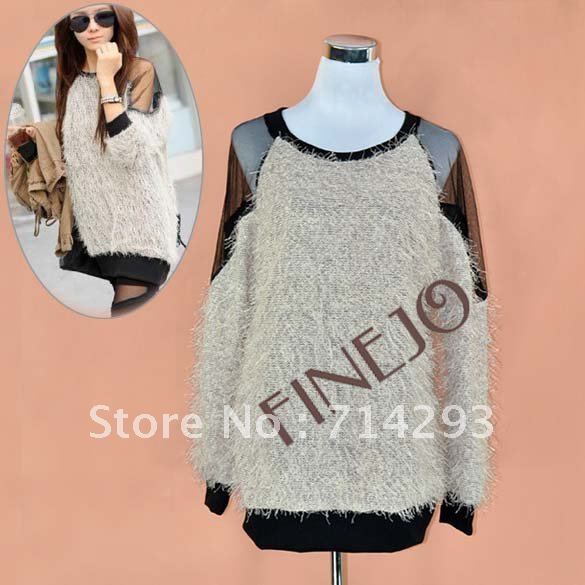 Korea Fashion Sexy Women's Polyester wool Gauze Long Sleeve Loose Sweater T-shirt Top Hot free shipping 6436