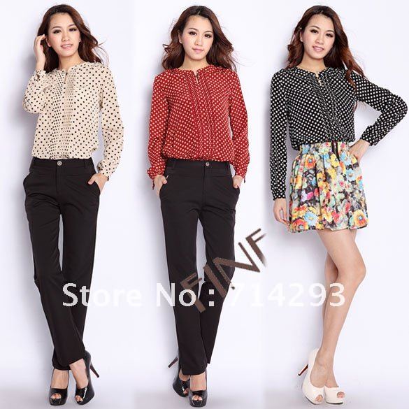 Korea Fashion Women's Autumn Dot Stand Collar Long Sleeve Chiffon Shirt Blouse Tops free shipping 8080