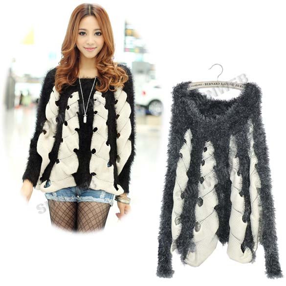 Korea Fashion Women's Hollow out Long Sleeve Loose Sweaters Top Black, Gray Free shipping 7943