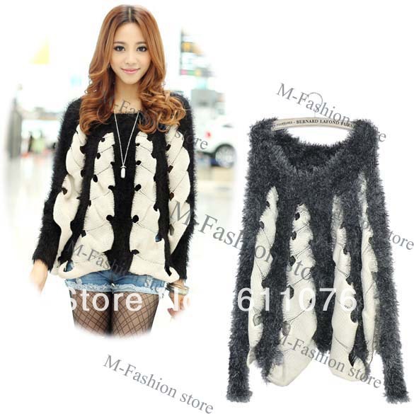 Korea Fashion Women's Hollow out Long Sleeve Loose Sweaters Top Black, Gray Free shipping 7943