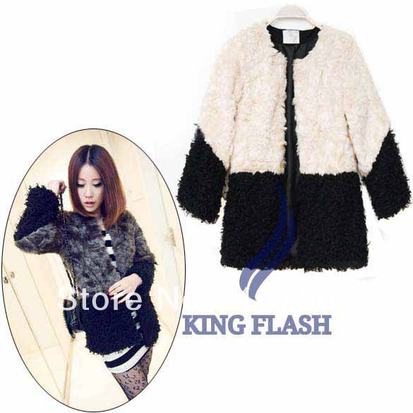 Korea New Cool Women Cute Splice Color fur Cotton Coat Outwear Jacket New Gray, White free shipping 8056