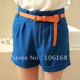 Korea new flange fold shorts casual solid color hot pants with belt 8017 #  trousers