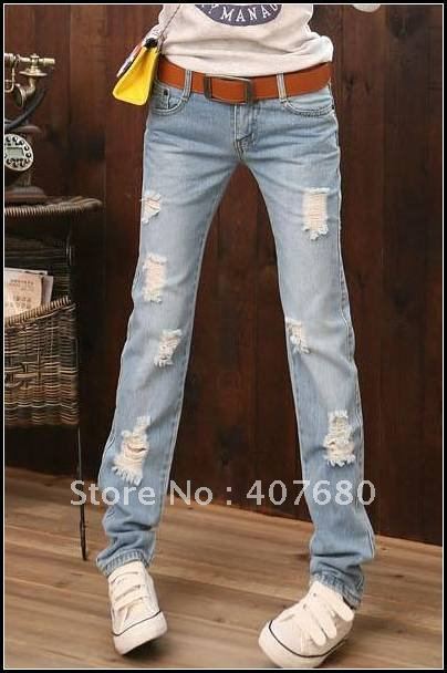 korea style women's fashion casual hole jeans baggy pants washing light blue pencil pants haren pants low waist one sale .