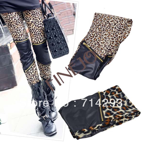 Korea Style Women's Vintage Slim Fit Imitation Leather Patchwork Zipper Leopard Leggings Tights free shipping 10033