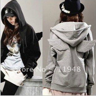 Korea Winter Women Hoodies Zip Up Angel wings sweatershirts 2 Colors Free Shipping