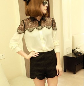 Korea Woman Sexy See Through Lace Collisioncolor Long Sleeve Blouse Top Shirt