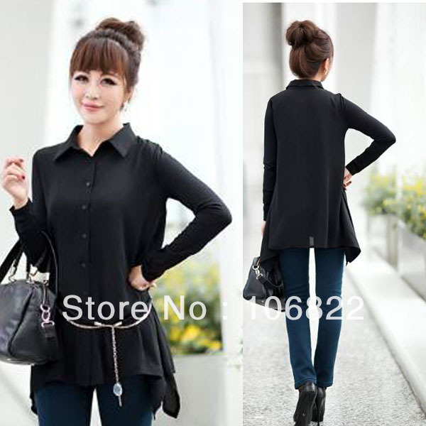 Korea Women Career OL Top Chiffon Lapel Chiffon Blouse Button Down Long Shirt  HR488