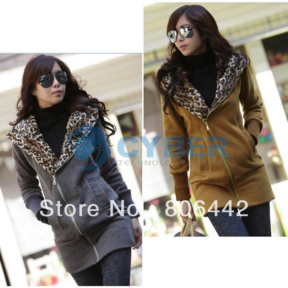 Korea Women Leopard Hip-length Zip Hoodie Coat Jacket Warm Sweatshirt Outerwear 3Sizes Free Shipping