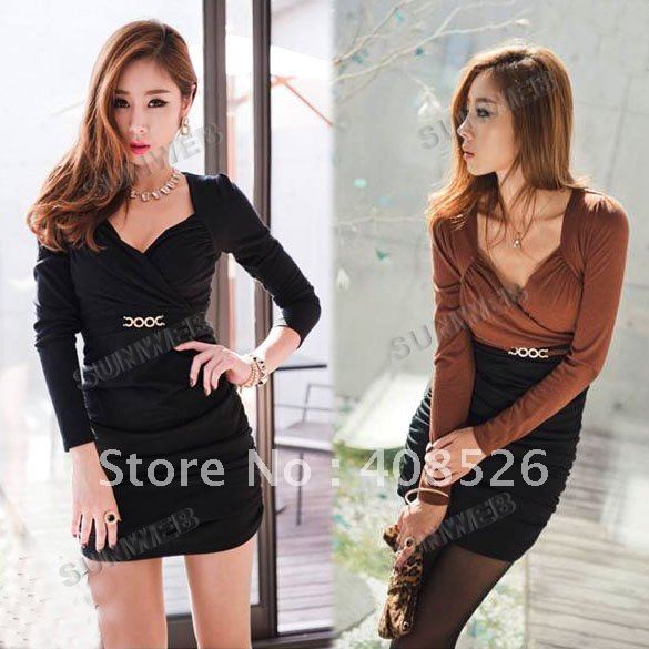 Korea Women's Cotton Mini Short Slim Sexy V-Neck Long Sleeve Dress Coffee/Black  free shipping 7500