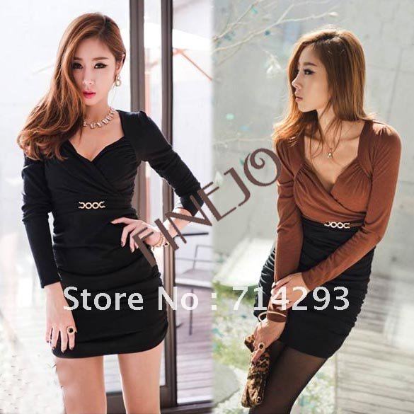 Korea Women's Cotton Mini Short Slim Sexy V-Neck Long Sleeve Dress Coffee/Black  free shipping 7500