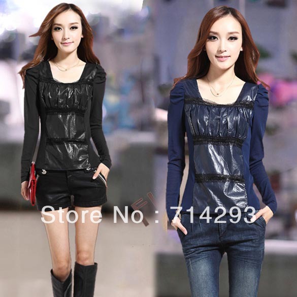 Korea Women's Gauze Synthetic leather Splicing T-Shirt Square Neck Thickened Bottoming Shirt Free shipping 9397