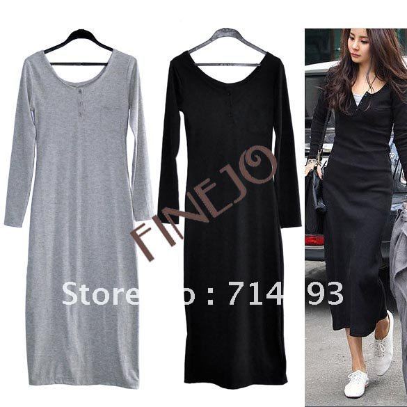 Korea Women's Ladies Casual Fashion Long Sleeve Slim Chic Stretch Long Dress Maxi Skirt 2 Color free shipping 7558