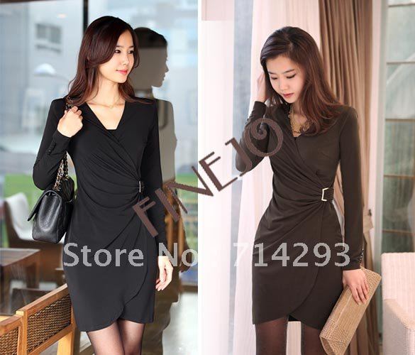 Korea Women's Ladies Sexy Deep V-Neck Slim Fit Mini Long Sleeve Dress 2 Colors Black, Brown free shiping 7520